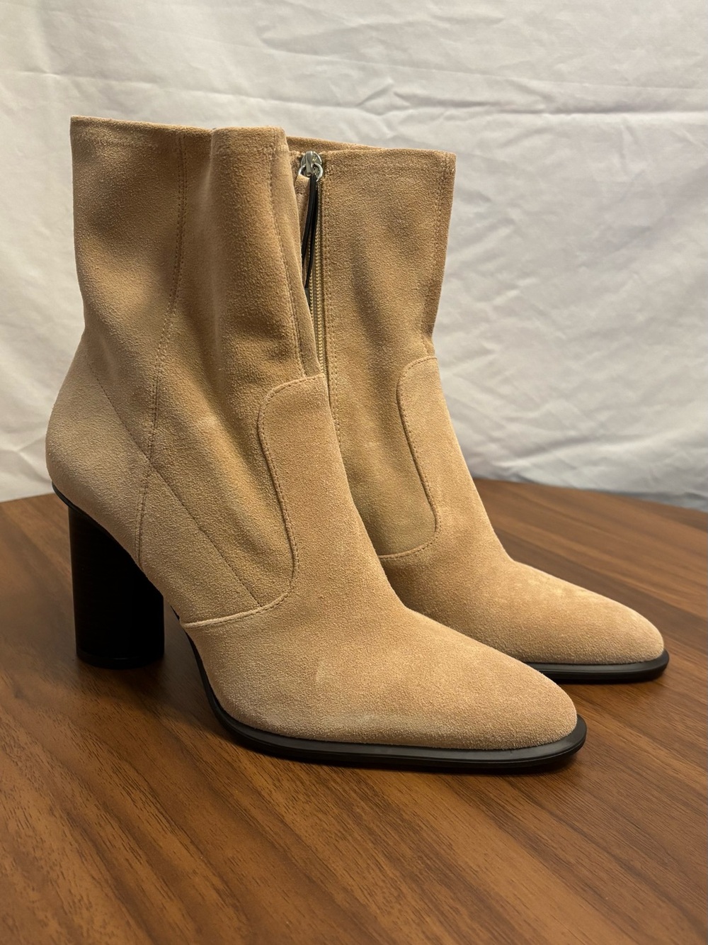 Zara Beige Suede Ankle Boots with Block Heel